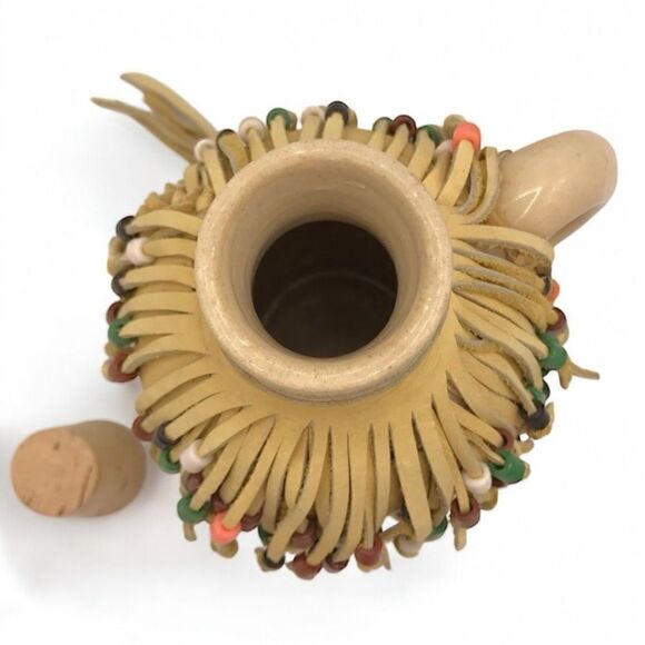 Hobbyist Suede Leather Wrapped Ceramic Jug with Beaded Fringe Braided Strap - Picture 10 of 16
